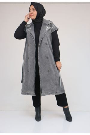 44010 Büyük Beden Yaka Ve Omzu Taş Detaylı Kot Yelek - Siyah