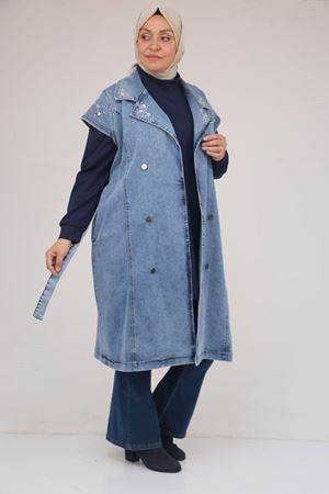 44010 Büyük Beden Yaka Ve Omzu Taş Detaylı Kot Yelek - Mavi