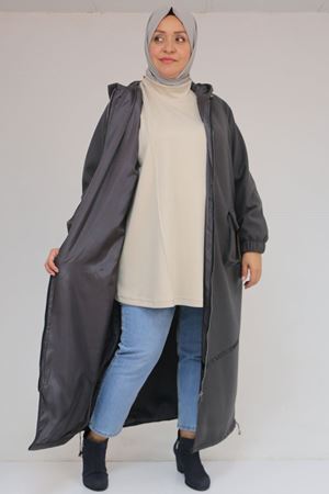 43082 Büyük Beden Eteği Bebe Lastikli Kaşe Kaban - Antrasit