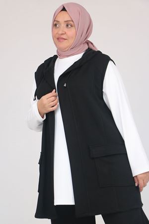57305 Büyük Beden Modal Yeleği Cepli Üçlü Takım - Siyah