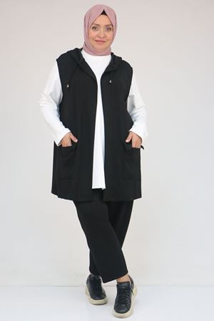 57305 Büyük Beden Modal Yeleği Cepli Üçlü Takım - Siyah
