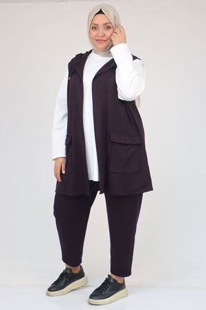 57305 Büyük Beden Modal Yeleği Cepli Üçlü Takım - Mürdüm