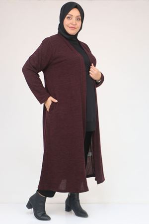 53061 Büyük Beden Cepli Uzun Mir Ceket - Mürdüm