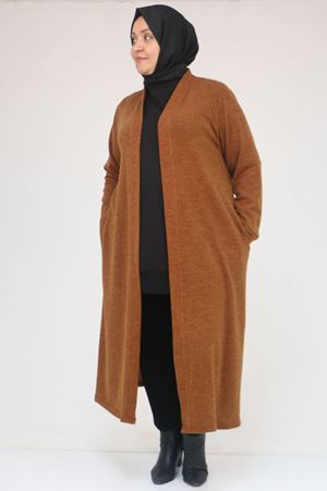 53061 Büyük Beden Cepli Uzun Mir Ceket - Taba