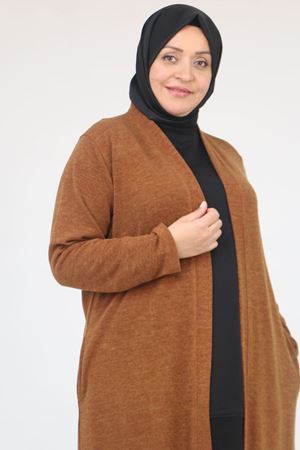 53061 Büyük Beden Cepli Uzun Mir Ceket - Taba