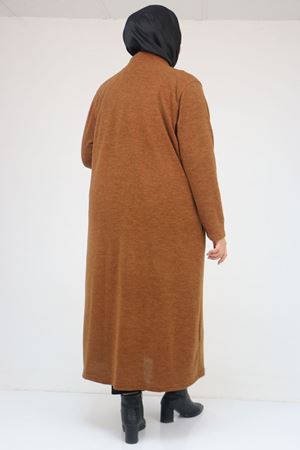 53061 Büyük Beden Cepli Uzun Mir Ceket - Taba