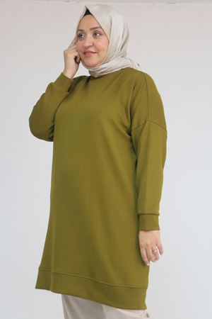 58151 Büyük Beden Kol Ve Etek Ucu Kendinden Ribanalı Modal Tunik - Yağ Yeşili