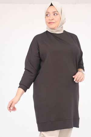 58151 Büyük Beden Kol Ve Etek Ucu Kendinden Ribanalı Modal Tunik - Kahve