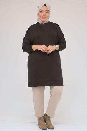 58151 Büyük Beden Kol Ve Etek Ucu Kendinden Ribanalı Modal Tunik - Kahve