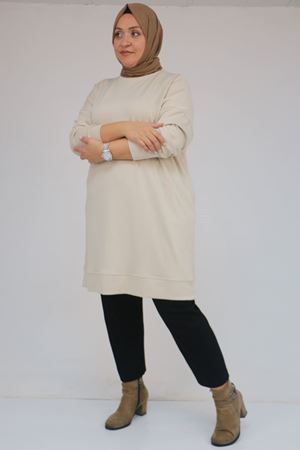 58151 Büyük Beden Kol Ve Etek Ucu Kendinden Ribanalı Modal Tunik - Bej