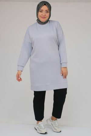 58151 Büyük Beden Kol Ve Etek Ucu Kendinden Ribanalı Modal Tunik - Gri