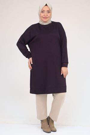 58151 Büyük Beden Kol Ve Etek Ucu Kendinden Ribanalı Modal Tunik - Mürdüm