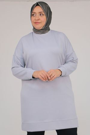 58151 Büyük Beden Kol Ve Etek Ucu Kendinden Ribanalı Modal Tunik - Gri