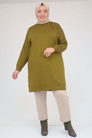 58151 Büyük Beden Kol Ve Etek Ucu Kendinden Ribanalı Modal Tunik - Yağ Yeşili