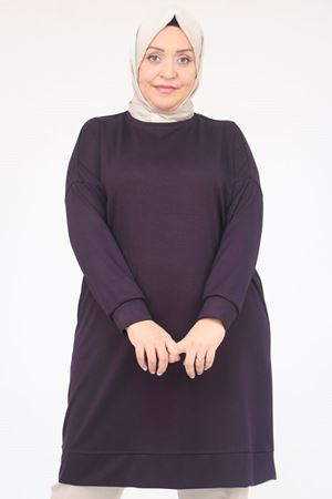 58151 Büyük Beden Kol Ve Etek Ucu Kendinden Ribanalı Modal Tunik - Mürdüm