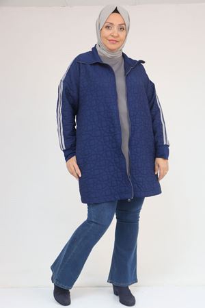 53060 Büyük Beden Omuzdan Şeritli Kapitone Fermuarlı Ceket - İndigo-Gri