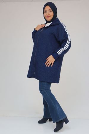 53060 Büyük Beden Omuzdan Şeritli Kapitone Fermuarlı Ceket - İndigo-Beyaz