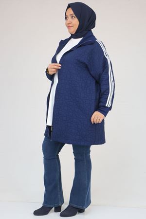 53060 Büyük Beden Omuzdan Şeritli Kapitone Fermuarlı Ceket - İndigo-Beyaz
