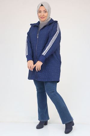 53060 Büyük Beden Omuzdan Şeritli Kapitone Fermuarlı Ceket - İndigo-Gri