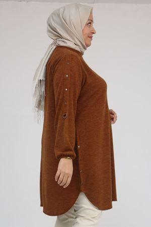 58131 Büyük Beden Kol Ve Etek Uçları Perçinli Mir Tunik - Taba