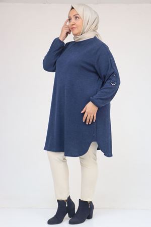58131 Büyük Beden Kol Ve Etek Uçları Perçinli Mir Tunik - İndigo