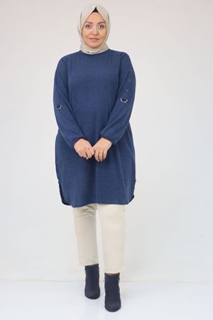 58131 Büyük Beden Kol Ve Etek Uçları Perçinli Mir Tunik - İndigo