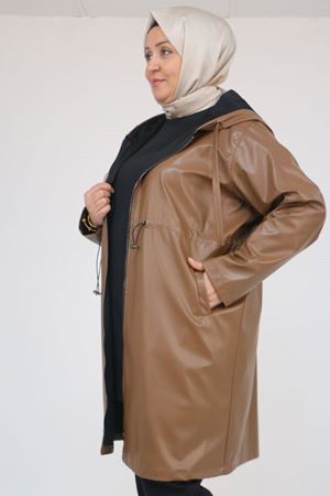 53055 Büyük Beden Bebe Lastik Detaylı Zara Deri Trençkot - Taba