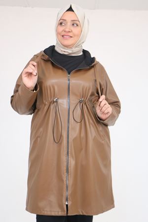 53055 Büyük Beden Bebe Lastik Detaylı Zara Deri Trençkot - Taba