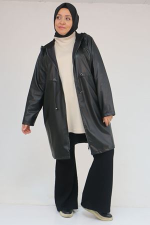 53055 Büyük Beden Bebe Lastik Detaylı Zara Deri Trençkot - Siyah