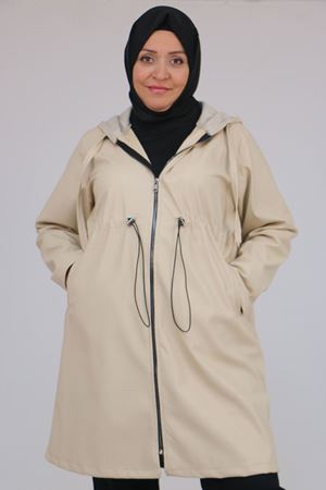 53055 Büyük Beden Bebe Lastik Detaylı Zara Deri Trençkot - Bej