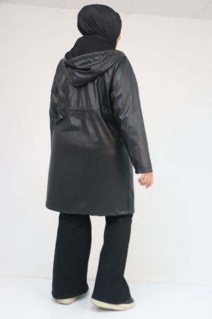 53055 Büyük Beden Bebe Lastik Detaylı Zara Deri Trençkot - Siyah