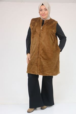 54013 Büyük Beden Cepli Rabbit Astarlı Yelek - Kahve