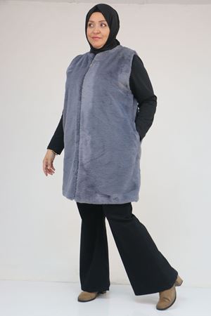 54013 Büyük Beden Cepli Rabbit Astarlı Yelek - Gri