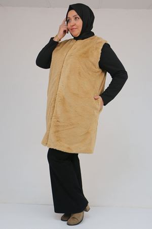 54013 Büyük Beden Cepli Rabbit Astarlı Yelek - Taba