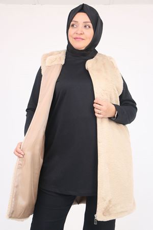 54013 Büyük Beden Cepli Rabbit Astarlı Yelek - Bej