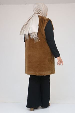 54013 Büyük Beden Cepli Rabbit Astarlı Yelek - Kahve