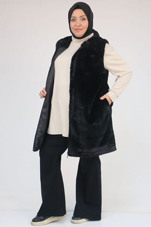 54013 Büyük Beden Cepli Rabbit Astarlı Yelek - Siyah