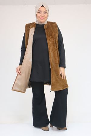 54013 Büyük Beden Cepli Rabbit Astarlı Yelek - Kahve