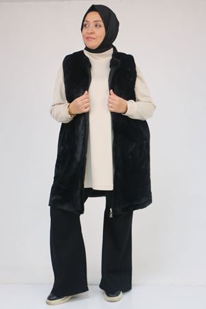 54013 Büyük Beden Cepli Rabbit Astarlı Yelek - Siyah