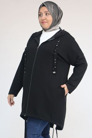 43068 Büyük Beden Eteği Oval Kesim Modal Ceket - Siyah