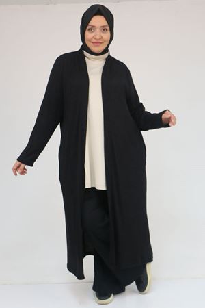 53061 Büyük Beden Cepli Uzun Mir Ceket - Siyah