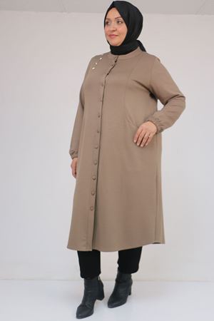 53054 Büyük Beden Boydan Düğmeli Modal Ceket - Vizon