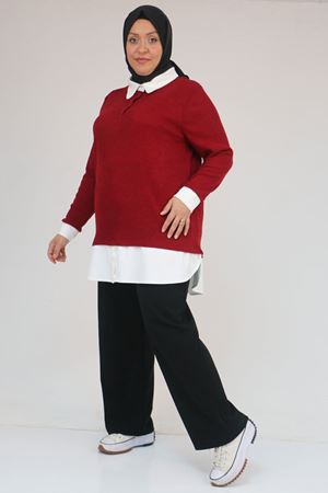 58159 Büyük Beden Gömlek Yaka Görünümlü Garnili Mir Tunik - Bordo