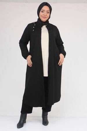 53054 Büyük Beden Boydan Düğmeli Modal Ceket - Siyah