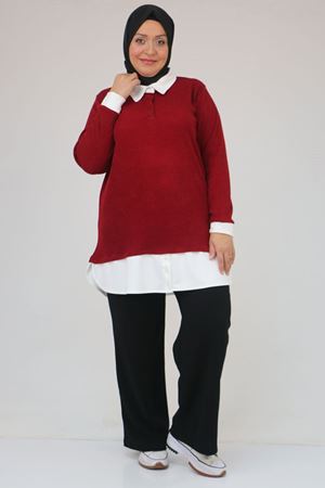 58159 Büyük Beden Gömlek Yaka Görünümlü Garnili Mir Tunik - Bordo
