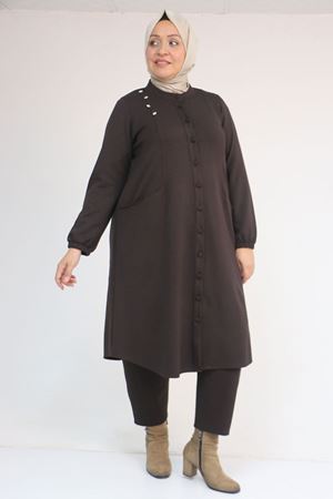 53054 Büyük Beden Boydan Düğmeli Modal Ceket - Kahve