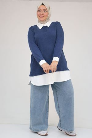 58159 Büyük Beden Gömlek Yaka Görünümlü Garnili Mir Tunik - İndigo