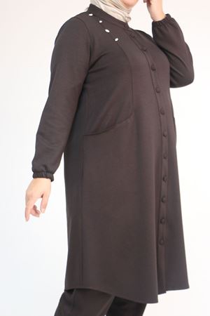 53054 Büyük Beden Boydan Düğmeli Modal Ceket - Kahve