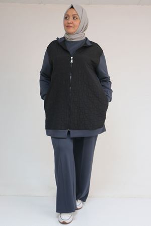 57304 Büyük Beden Ceketli Modal-Kapitone Üçlü Takım - Siyah-Antrasit