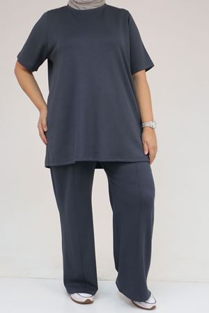 57304 Büyük Beden Ceketli Modal-Kapitone Üçlü Takım - Siyah-Antrasit